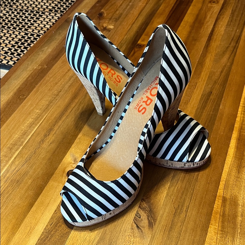 KORS Michael Kors Black and White Striped Heels